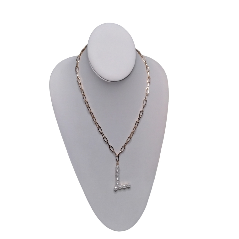 Dvacaman Pearl Initial L Paperclip Chain Necklace 18" With Extender